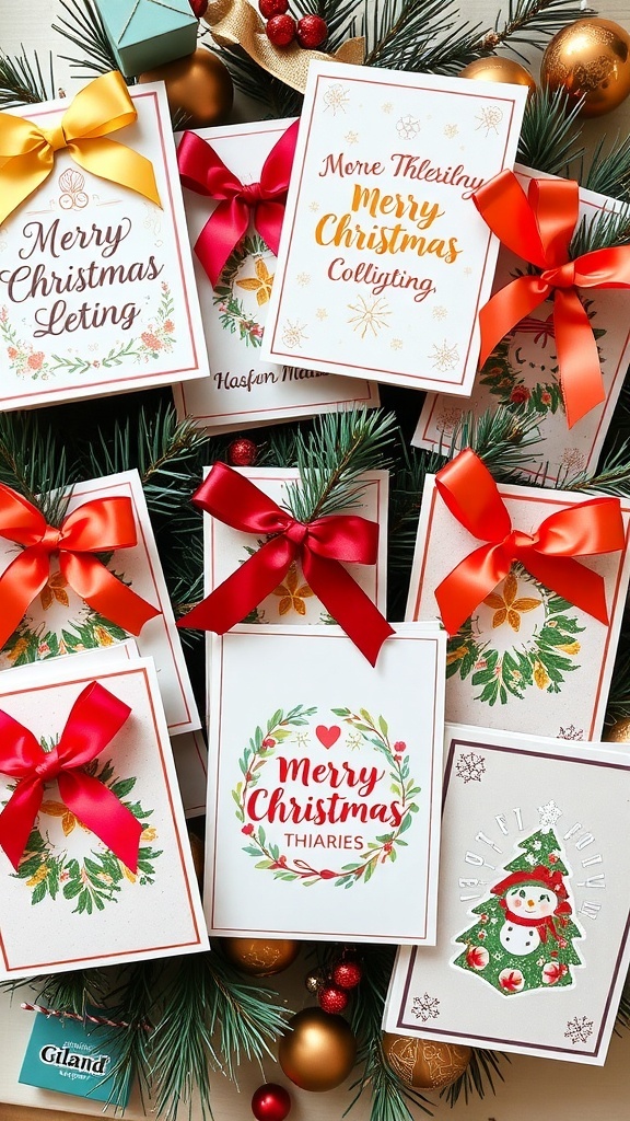 A variety of DIY Christmas cards with ribbons, showcasing different designs and colors on a festive background.